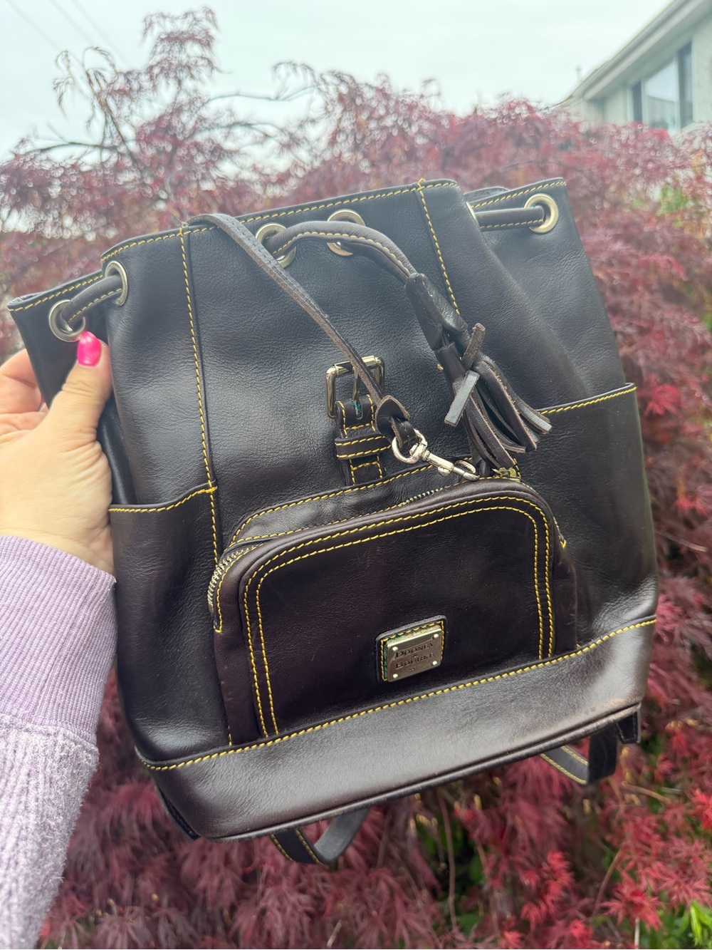 Dooney & Bourke Florentine Brown Leather Backpack w/ Contrast Stitching